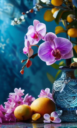 Elegant purple orchid with crystal glass of ice, lemon, and vibrant spheres. Perfect for floral, beverage, or wellness themes. Bright colors, fresh and modern compositionの素材