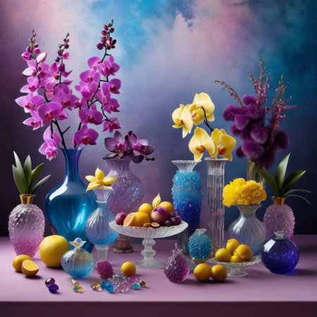 Elegant blend of purple and yellow orchids in crystal vases, accompanied by lemons and decorative beads. Soft pastel backdrop enhances visual appeal for floral or interior decor themesの素材