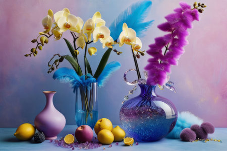 Exquisite floral arrangement of vivid orchids in glass vases with lemons and colorful crystals. Ideal for home decor, floral art, or lifestyle concepts. Soft pastel gradient adds charmの素材