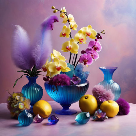 Orchids in various shades, placed in glass vases alongside lemons and crystals. Soft pastel background complements floral arrangement. Perfect for decor, interior design, or lifestyle themesの素材