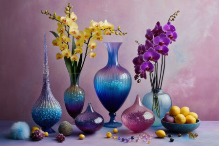 Artistic arrangement of colorful orchids in crystal vases with lemons and beads on pastel backdrop. Ideal for floral, interior design, or home decor themes. Bright and elegantの素材