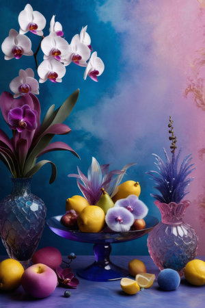 Artistic arrangement of colorful orchids in crystal vases with lemons and beads on pastel backdrop. Ideal for floral, interior design, or home decor themes. Bright and elegantの素材