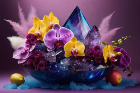 Exquisite orchids in crystal vases with lemons on gentle pastel background. Perfect for floral themes, home decor, or art prints. Bright, elegant, and visually appealingの素材