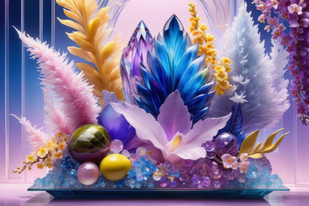 Stunning floral display of orchids in glass vases with lemons and crystals. Soft pastel backdrop adds charm. Ideal for decor, lifestyle, or interior design themesの素材