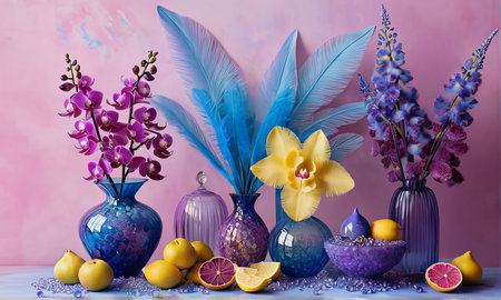 Elegant blend of orchids in glass vases with lemons on pastel gradient. Ideal for floral, interior design, or home decor themes. Vibrant colors and artistic compositionの素材