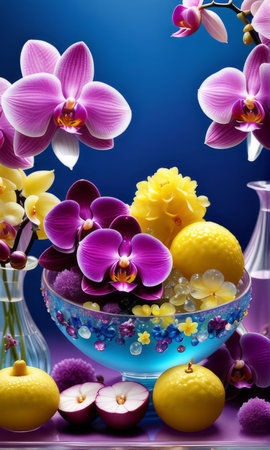 Vibrant orchids in glass vases, accompanied by lemons and crystals. Soft pastel backdrop enhances artistic appeal. Suitable for floral, home decor, or lifestyle conceptsの素材
