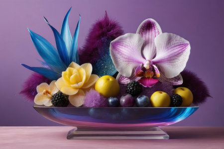 Vibrant orchids in glass vases, accompanied by lemons and crystals. Soft pastel backdrop enhances artistic appeal. Suitable for floral, home decor, or lifestyle conceptsの素材