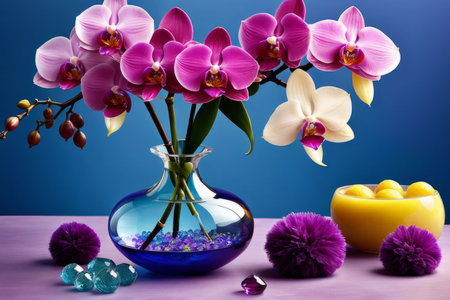 Exquisite floral arrangement of vivid orchids in glass vases with lemons and colorful crystals. Ideal for home decor, floral art, or lifestyle concepts. Soft pastel gradient adds charmの素材
