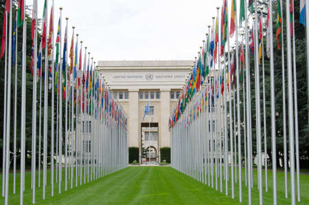 Switzerland, Geneva - July 13, 2021: United Nations building entrance with flags