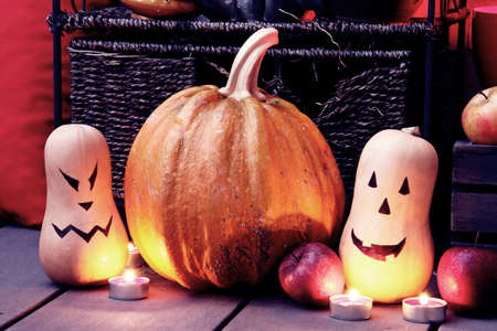 Halloween still life illuminated with candles.の写真素材