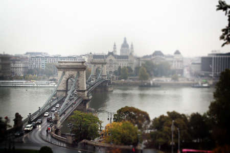 The Szechenyi Chain Bridge in Budapest in autumn, Hungary.の写真素材
