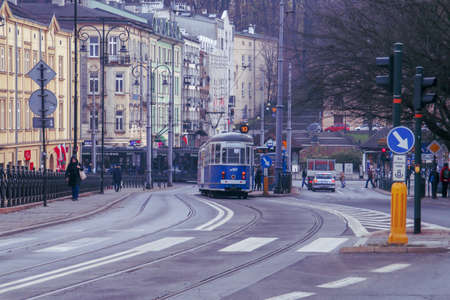 Tram running through the streets of Krakow, Poland.
