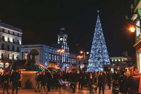 The Christmas tree of the Puerta del Sol in the square of the same name, Madrid, Spain.のeditorial素材