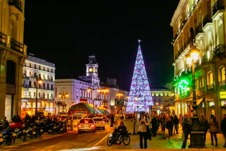 The Christmas tree of the Puerta del Sol in the square of the same name, Madrid, Spain.のeditorial素材