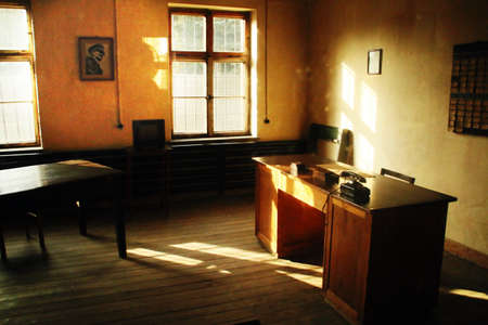 Auschwitz I concentration camp (in Oswiecim). Inside the office of the prisoner watchmen inside the concentration camp barracks.のeditorial素材
