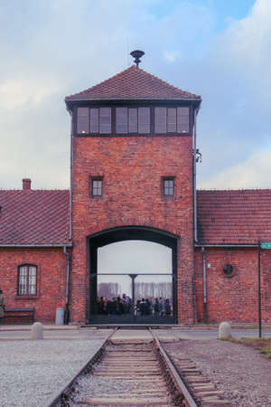 Auschwitz-Birkenau concentration camp in Oswiecim, Poland. The entrance known as "Death Gate" where the train entered with the prisoners.のeditorial素材