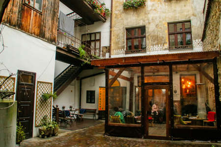 Facade of Zarowka cafe in Krakow, Poland.のeditorial素材