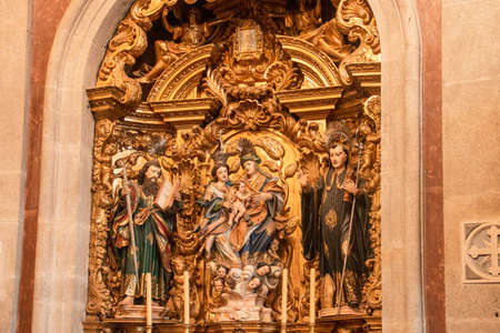 Porto / Portugal; 01/19/2017. Details of the decoration of the interior of Cl?rigos church. Reliefs, sculptures, wood carvings and paintings.のeditorial素材