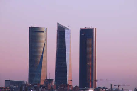 Madrid / Spain; 04/10/2018. The skyscrapers of Madrid seen from the north at sunset.のeditorial素材
