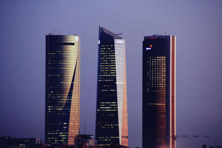 Madrid / Spain; 04/10/2018. The skyscrapers of Madrid seen from the north at sunset.のeditorial素材