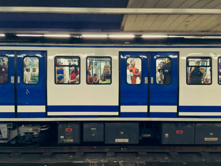 Madrid / Spain; 07/27/2018. Subway train crowded with people waiting to leave at Sol subway station.