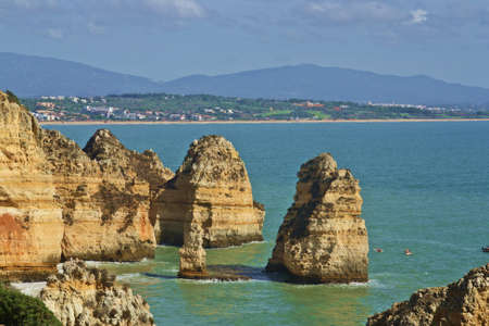 Cliffs of the coastline of Lagos; Ponta da Piedade, translation; Pity Cape, in Faro, Algarve,...