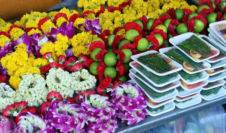 Flowers for a buddhist offering in Bangkok, Thailand.の写真素材