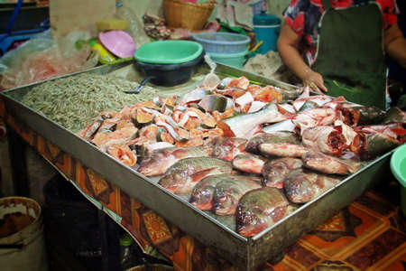 Sukhothai traditional market next to Sukhothai Historical Park in Thailand. Fresh fish, tilapia, based fish and prawns.の写真素材
