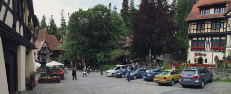 Sinaia / Romania; 06/26/2018. Restaurants and shops in the Peles Castle complex.のeditorial素材