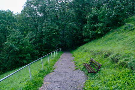Footpath next to Turnul Alb (the white tower) in a rainy day in Brasov, Romania.
