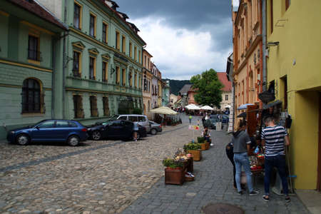 Sighisoara / Romania; 06/30/2018. School street (Romanian: Strada scolii) in the medieval town of Sighisoara. A pretty cobbled street in the historic center, a world heritage site, of Sighisoara.のeditorial素材