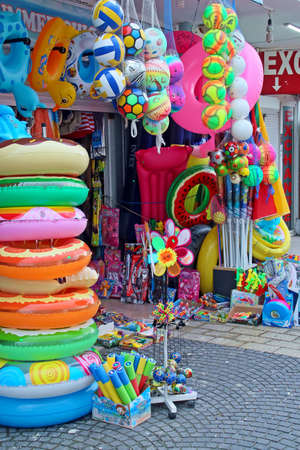 ConstanÈ›a / Romania; 05/07/2018. Shop on the beach with toys and other plastic items. Toy and...