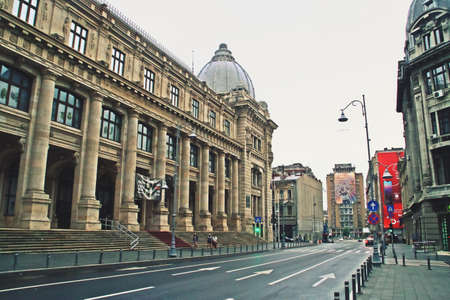 Bucharest, Romania; 07 07 2018: Museum of National History on the street "road to victory" (Romanian: Calea Victoriei). Central street of Budapest photographed without car traffic and with few people.のeditorial素材