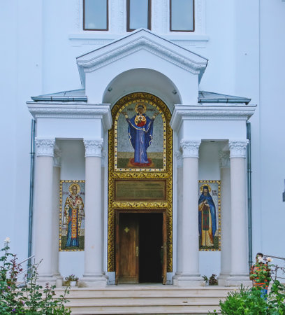 Door of the Church of Saint Nicholas - Tabacu in Bucharest, Romania. Icons and decoration at the...
