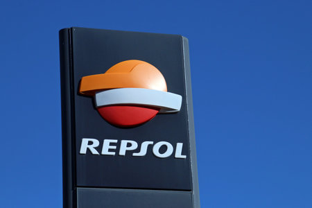 Madrid, Spain. 10 16 2018. REPSOL service station on Paseo de la Castellana. Logo of the multinational oil company on a sunny day.のeditorial素材