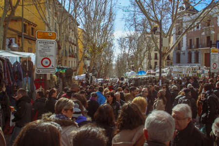 Madrid, Spain; 02 07 2016. El Rastro, Madrid flea market, on sunday mornings. Street vendors and...