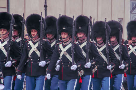 Copenhagen, Denmark; 02 14 2016. Changing the Guard ceremony in Amalienborg Palace, Copenhagen. The...
