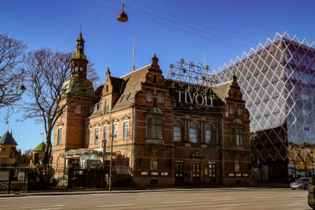 Copenhagen, Denmark; 02 16 2016. Tivoli Park from HC. Andersens Boulevard in Copenhagen. Front entrance facade one sunny morning.のeditorial素材