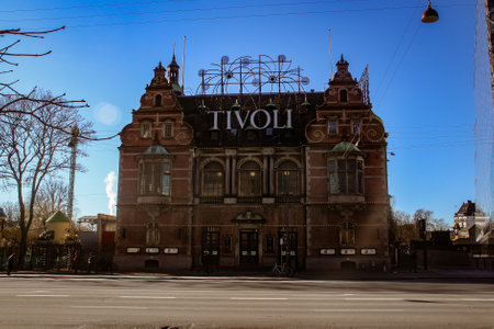 Copenhagen, Denmark; 02 16 2016. Tivoli Park from HC. Andersens Boulevard in Copenhagen. Facade of the famous Copenhagen amusement park.のeditorial素材