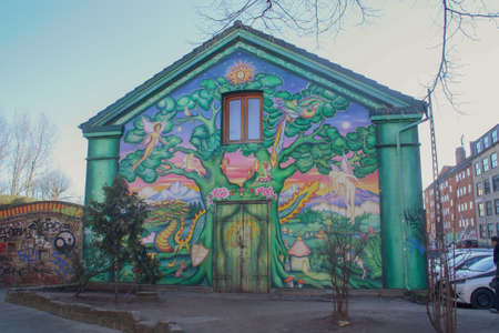 Copenhagen, Denmark. 02 16 2016. Freetown Christiania, also known as Christiania. The colorful facades of a self-managed community that claims to live outside the European Union.のeditorial素材