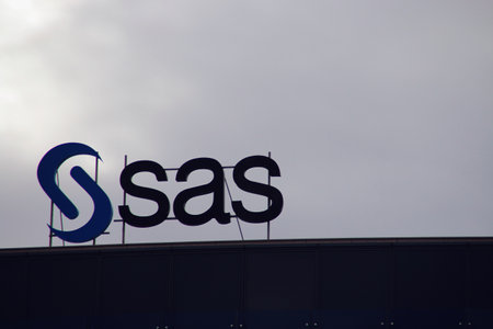 Madrid, Spain. 10 27 2018. Logo of the Sas Institute in Madrid. Logo located on the official headquarters located in Valdebebas.のeditorial素材
