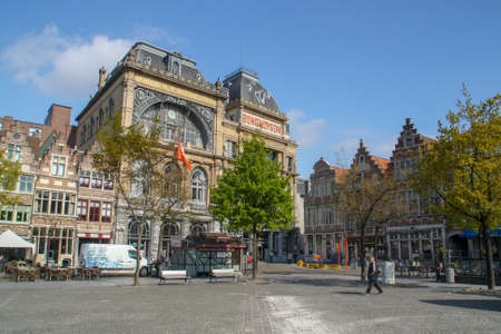 Ghent, Belgium; 04 28 2016. Vrijdagmarkt (English: Friday Market), a city square of Ghent. Historic...