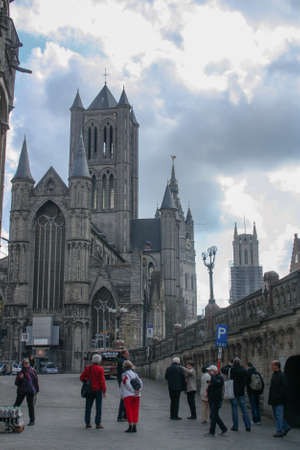Ghent, Belgium; 04 28 2016. Saint Nicholas Church (Dutch: Sint-Niklaaskerk) from St Michael's bridge. It was built in the old trade center of Ghent next to the bustling Korenmarkt (Wheat Market).のeditorial素材