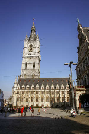 Ghent, Belgium; 04 28 2016. The Ghent Bell Tower, an old medieval tower in the old town of Ghent....
