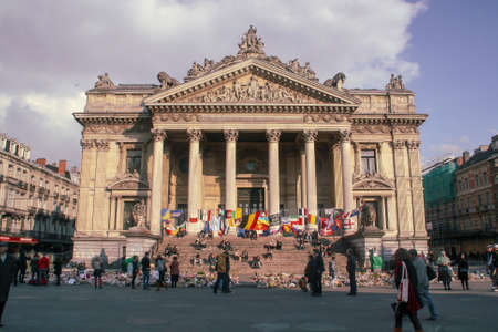 Brussels, Belgium; 04 28 2016. Offerings at the Stock Exchange building. Offerings for the bombing...