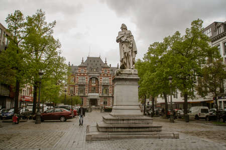 Brussels, Belgium; 04 29 2016. Anneessens Square, Monument to Francois Anneessens. Statue of Frans Anneessens (in Dutch) or in French FranÃ§ois Anneessens by Thomas VinÃ§otte.のeditorial素材