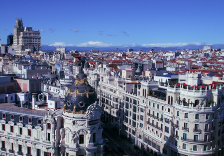 Madrid, Spain; 11 09 2017. Aerial view of Madrid. Gran VÃ­a street and Metropolis building seen...