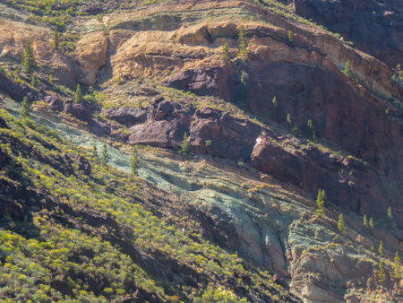 Natural Monument of "Los Azulejos de (The Tiles of) Veneguera", geological formation of volcanic origin formed by tinted minerals of different colors known as ignimbrites. Gran Canaria Island, Spain.の写真素材