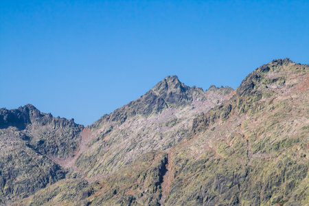 The Almanzor peak in the Sierra de Gredos, Avila, Spain. Highest peak in the entire sierra without snow. Photo taken in summer from the north side, from the path of the big lagoon.の写真素材