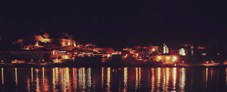 Alcoutim a small town in the Algarve in Portugal. Alcoutim at night with the reflection of the...